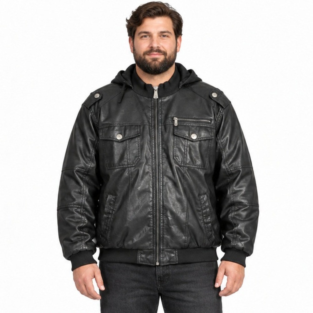 Chor Clothing Co Mens XL Black Faux Leather Bomber Jacket Faux Fur Lined Hooded